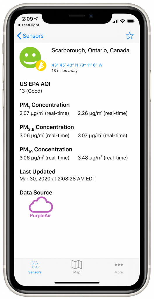The Local Haze sensor details screen now includes additional sensor data (PM1, PM10) when available.