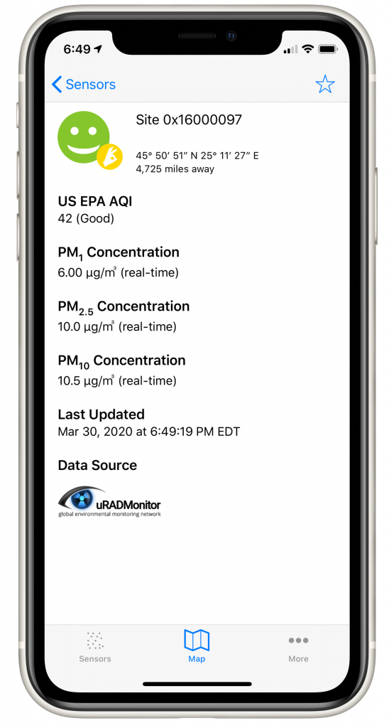 A sensor details screen from Local Haze displaying data from a uRADMonitor sensor.